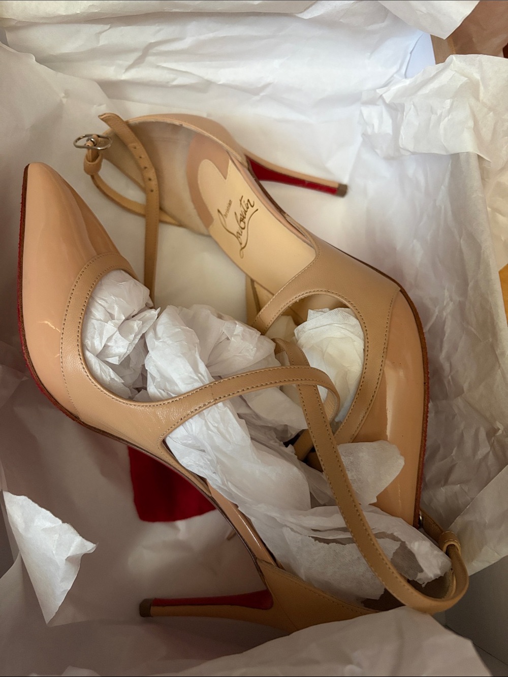 Christian Louboutin Beige Patent Leather Pointed-Toe Slingback Heels